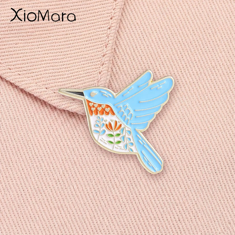Cartoon Floral Hummingbird Enamel Pin Flying Bird Animal Vintage Folk Art Freedom Lucky Symbol Brooch Lapel Badge Jewelry Gift