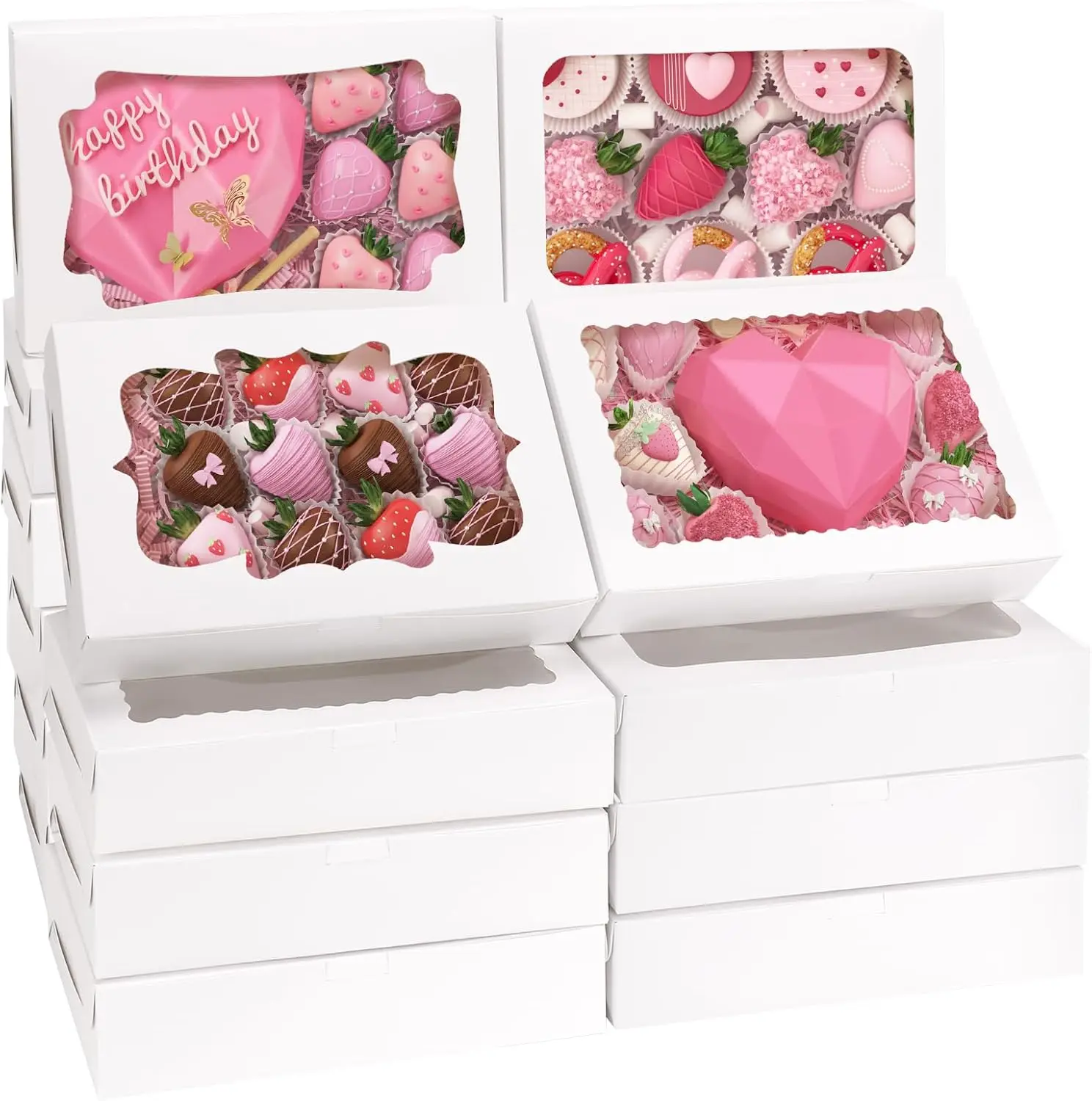 

80pcs Window Cookie Boxes, 12x8x2.5 Inches, 4 Styles for Bakery Treats like Cakes and Donuts