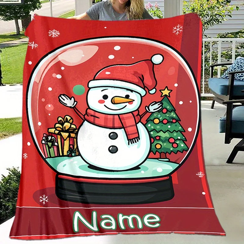 Customizable snowman and Christmas tree polyester blanket suitable for all seasons, coarse knitting, machine washing, personaliz