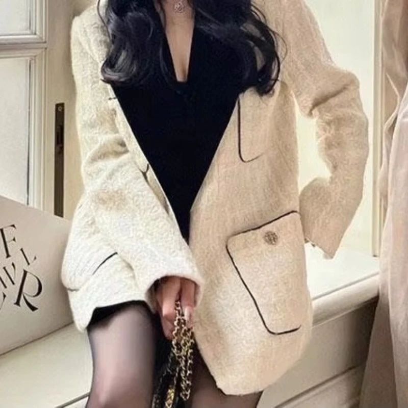 Dames Herfst En Winter Verdikte Franse Kleine Geur Korte Tweed Blazer Retro Losse Contrast Single-Breasted Tweed Blazer