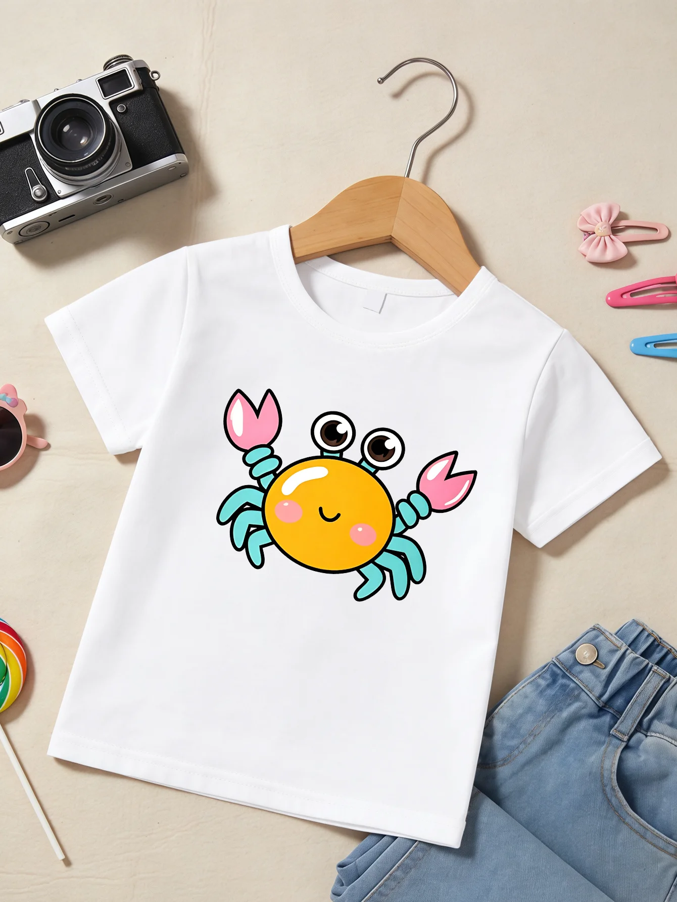 Cute Cartoon Smiley Crab Print Family Matching T Shirt Boys Girls Tee Parent Child Casual Top Mom Dad Kids Summer Daily Wear