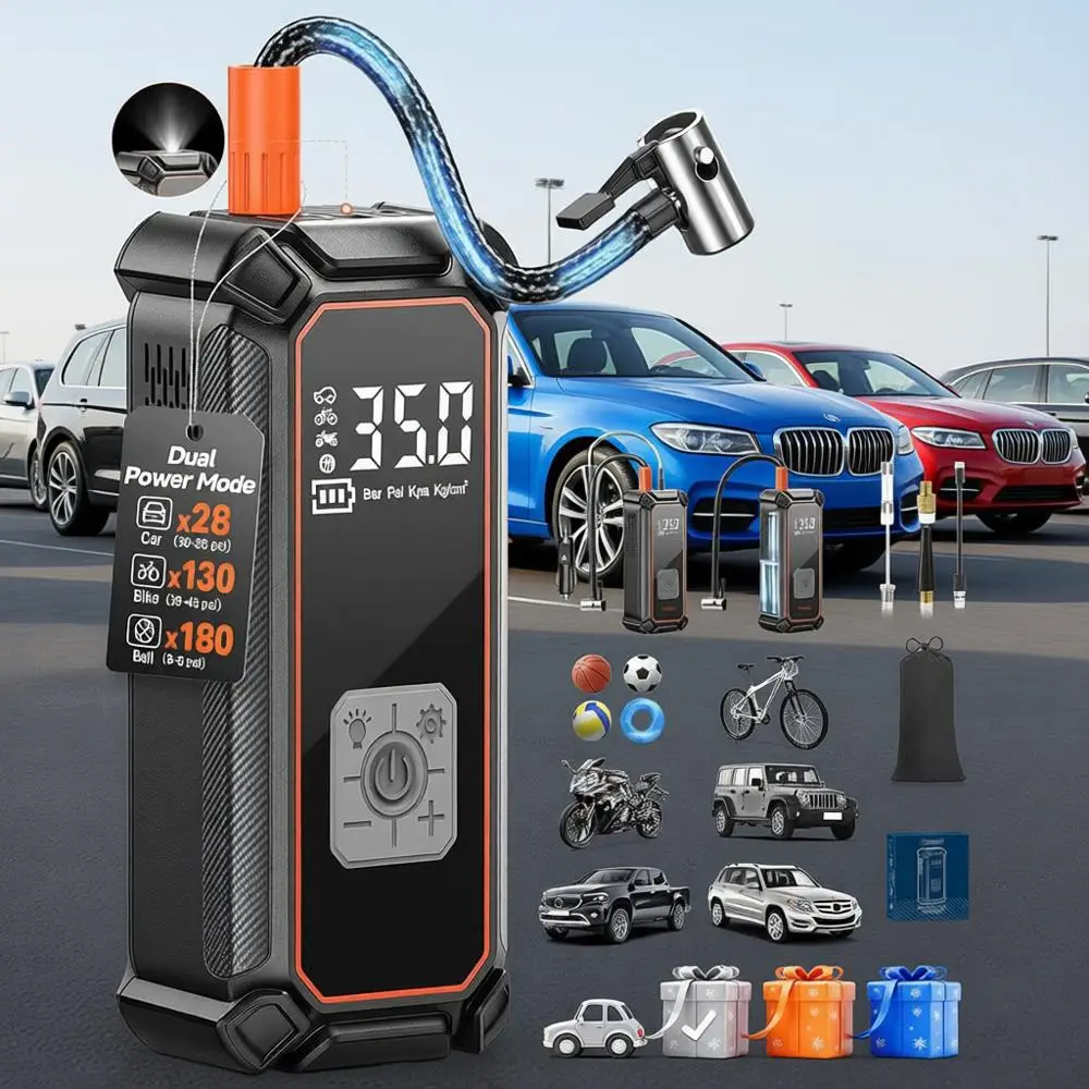 

Portable Air Compressor, 9000mAh Battery Powered, 150PSI Dual, Auto Air Pump for Car Tires, Motorcycle, Bicycle, Electric Pump w