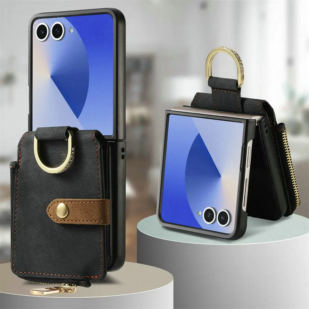 

Z Flip7 5G 2025 Чехол-кошелек на молнии для Samsung Galaxy Z Flip 7 FE Кожаное кольцо Задняя крышка для Galaxy Z Flip 6 5 4 3 Funda