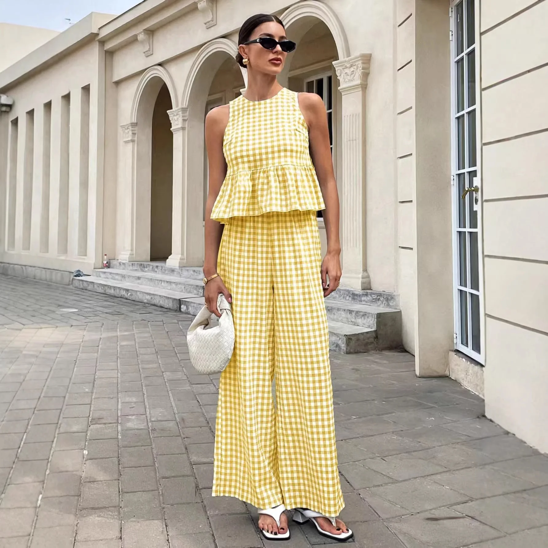 Elegant Plaid Print Two-piece Set Fashion O Neck Sleeveless RuffleTop Wide-leg Trousers 2piece Set Summer beach vacation Outfit
