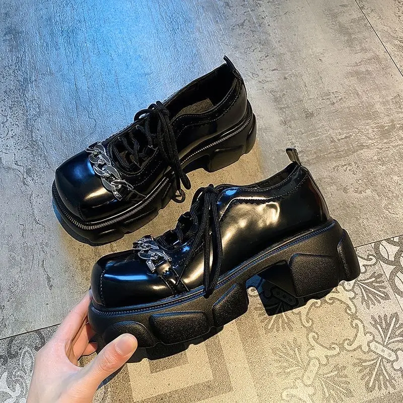 

Retro Platform Ladies Pumps Spring and Autumn Square Toe Metal Chain Women's Shoes Casual With Discount Stylish Lastest Y2k Shoe