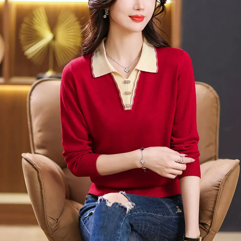 Women\'s Autumn Winter Fashion Solid Color Pullover Collar Panel Button Long Sleeve Loose Fake Two Piece Sweater Knitted Tops