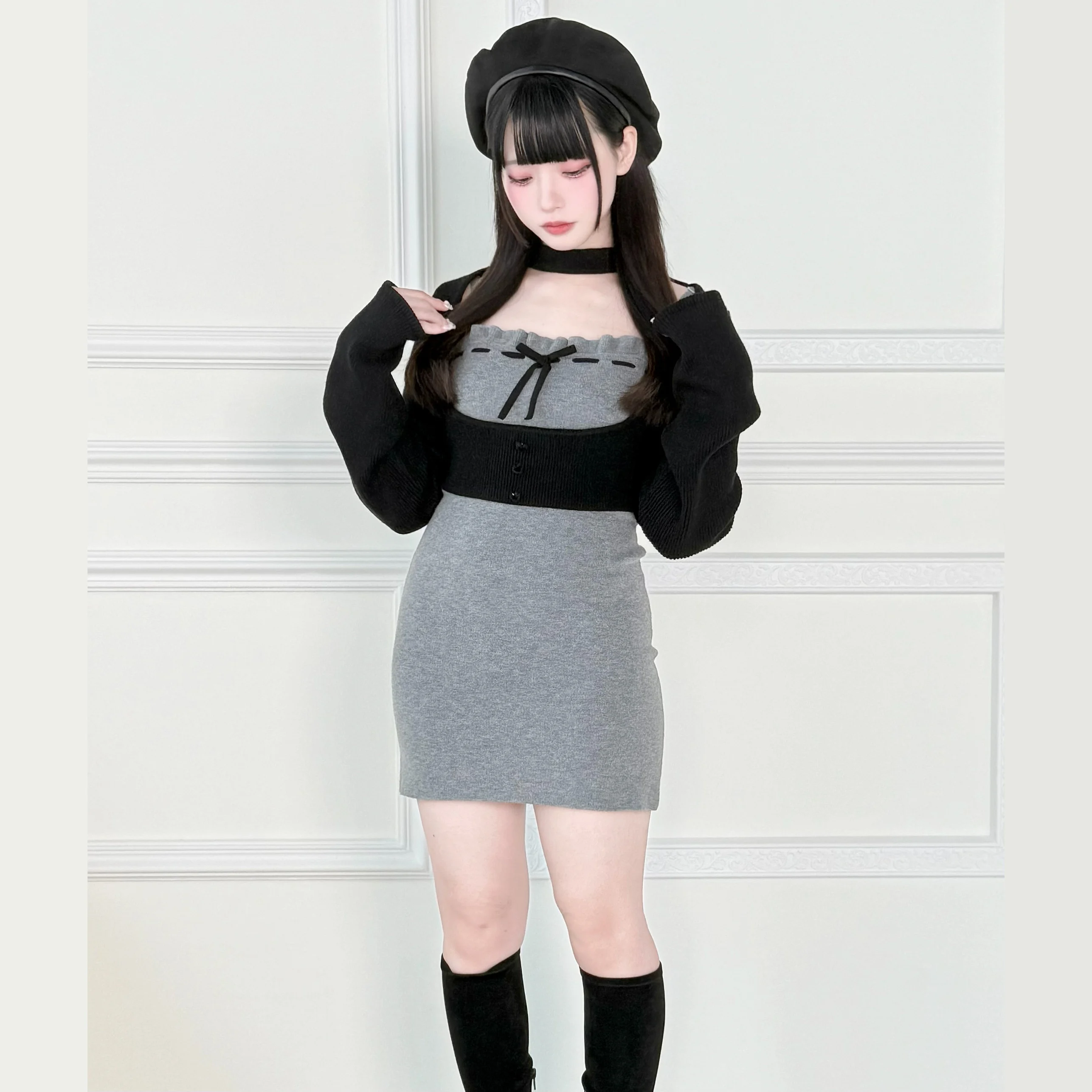 Japanese Mass-Produced Mine Knitted Top and Dress 2-Piece Set Spring and Autumn New Women's Sweet Bow Slim Fit Knit Dress Set