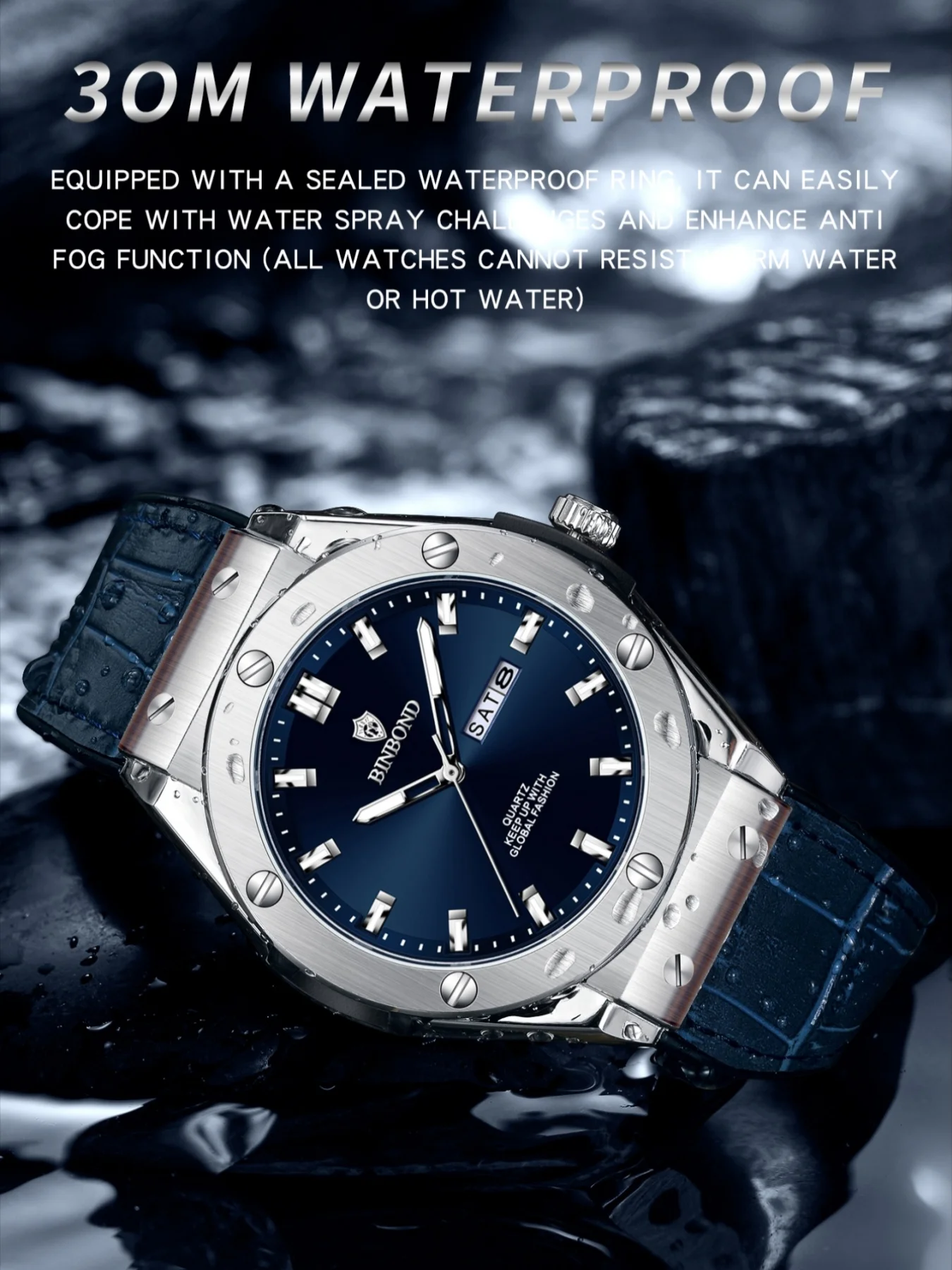 BINBOND Business Men's Watch 30M Waterproof Luminous Hands Date Calendar Function Men's Watch Stainless Steel Quartz Men's Watch image 3