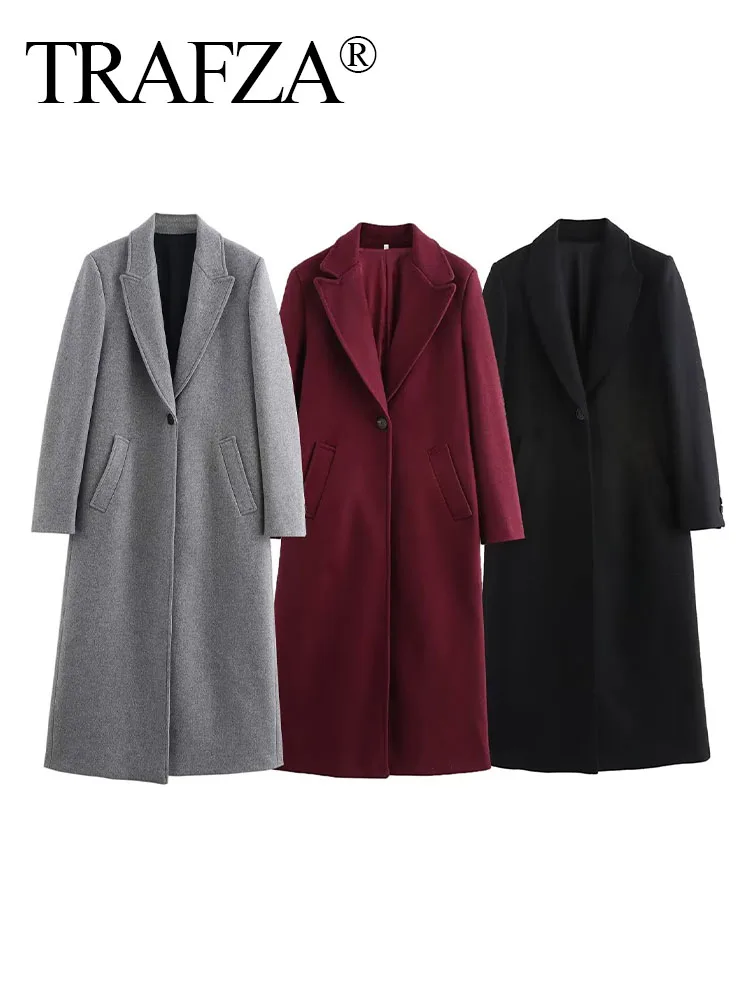 TRAFZA Women Retro Solid Loose Casual Long Coat Female Fashion Lapel One Button Pocket Decorate Long Sleeve Slim Jacket Coat