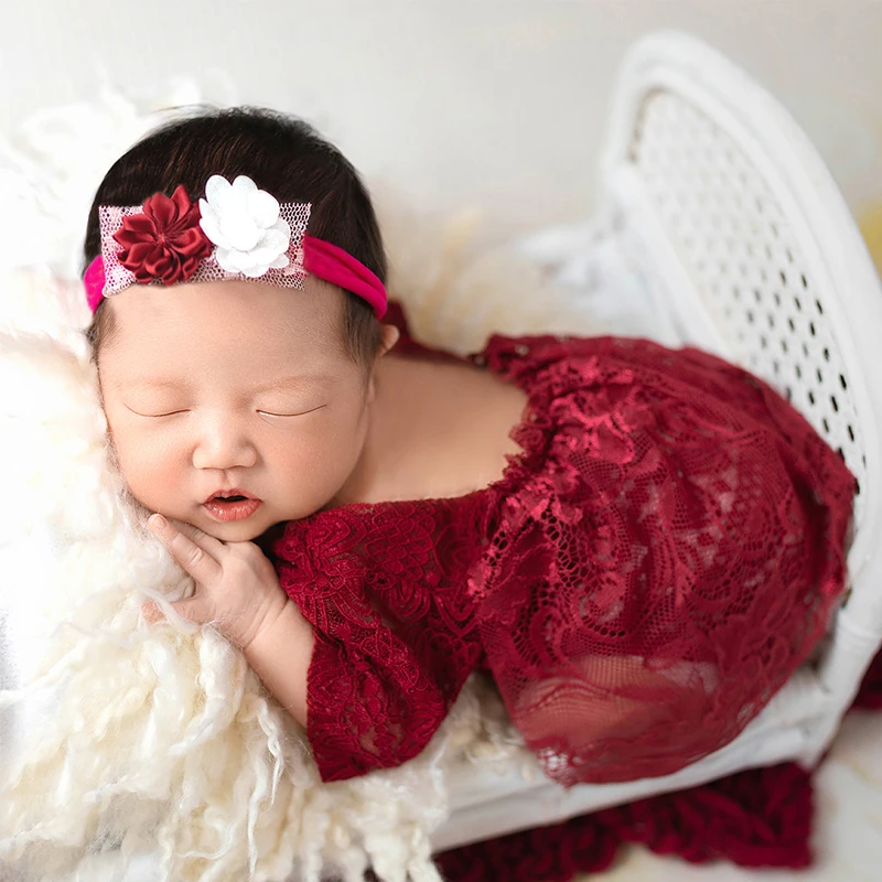 Ylsteed 2 Pieces Set Red Newborn Lace Romper with Floral Headband Baby Girl Photo Shooting Outfits Newborn Christmas Gift