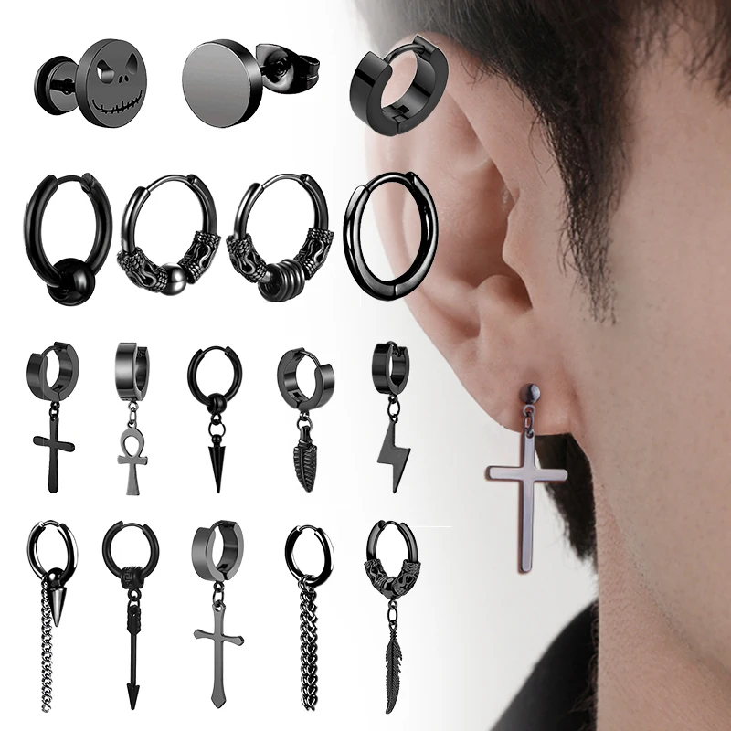 1 par punk brincos de aço inoxidável preto conjunto para homens mulheres vintage hip hop piercing orelha jóias