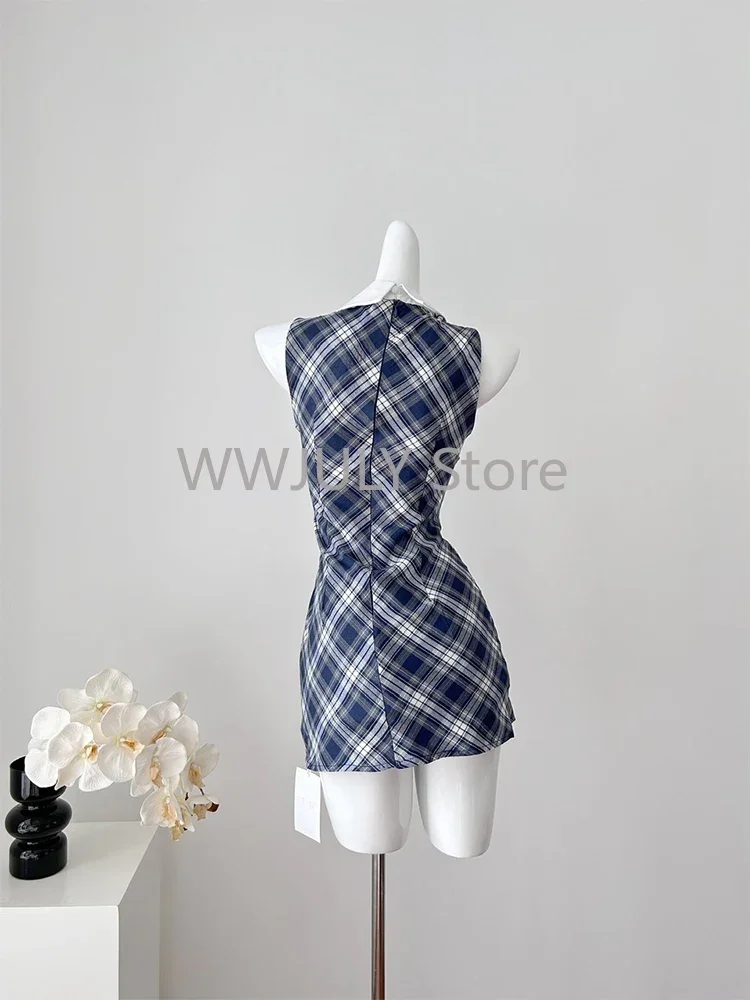 2024 Korean Fashion Graduation Mini Gyaru Plaid Preppy Sleeveless Dress Women 2000s Frocks Mori Girl One-Piece Aesthetic Party