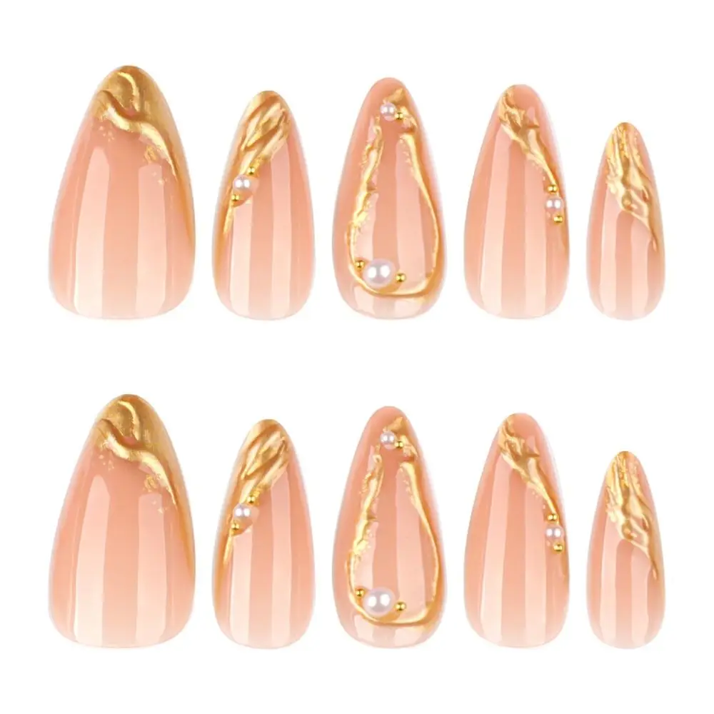 24pcs Long Almond False Nails French Rose Re Crocodile Pattern Fake Nails Irregular Gold Foil Detachable Press on Nails DIY