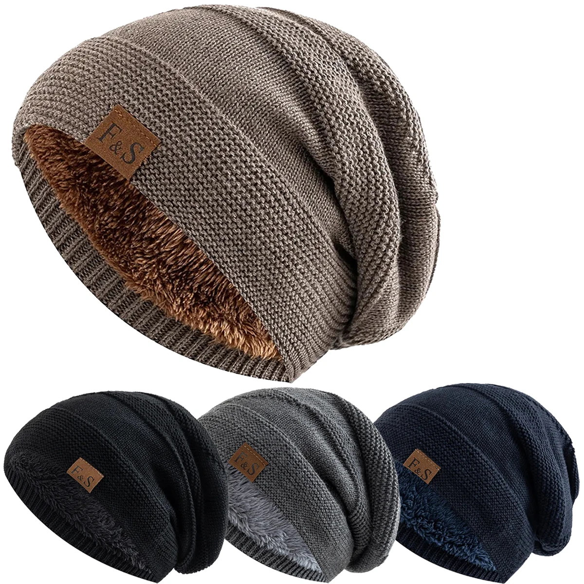 New Unisex Slouchy Winter Hats Add Fur Lined Men Women Warm Beanie Cap Casual Label Decor Winter Knitted Sports Cycling Hats