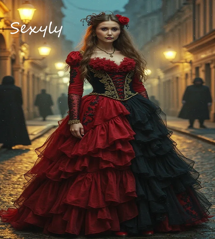 

Steampunk Gothic Two Tone Evening Dress Witchy Halloween Costume Victorain Prom Dress Long Sleeve Medieval Formal GownCustomized
