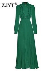 ZJYT Runway Fashion Long Sleeve Maxi Dresses for Women 2024 Green Bow Collar Pleated Holiday Vestidos Elegant Party Robe Femmes