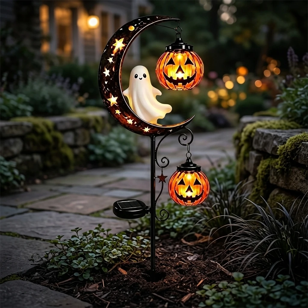 Resin Solar Stake Light for Halloween Yard Decor Ghost Double Ball Waterproof Garden Path Lamp Autumn Party Decoration