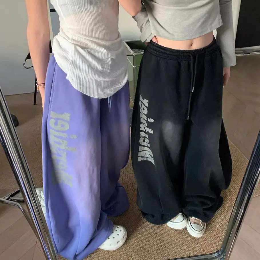 BB American Letter Print Elastic Waist Retro Wide Leg Drapey Casual Sweatpants For Men Women Scimitar Pants Versatile Street Wea