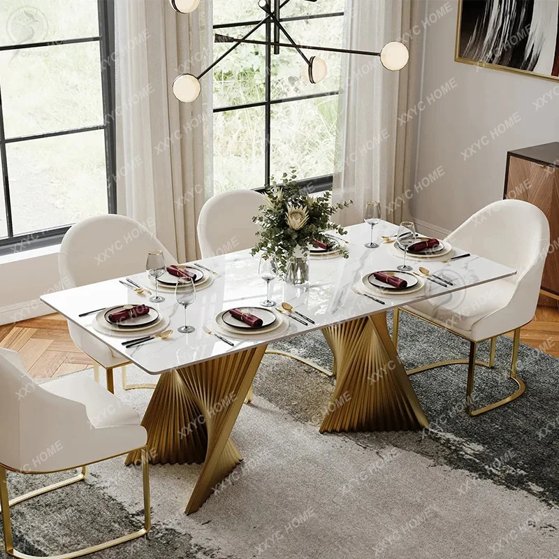 Postmodern light luxury dining table household stainless steel rectangular marble simple villa dining table
