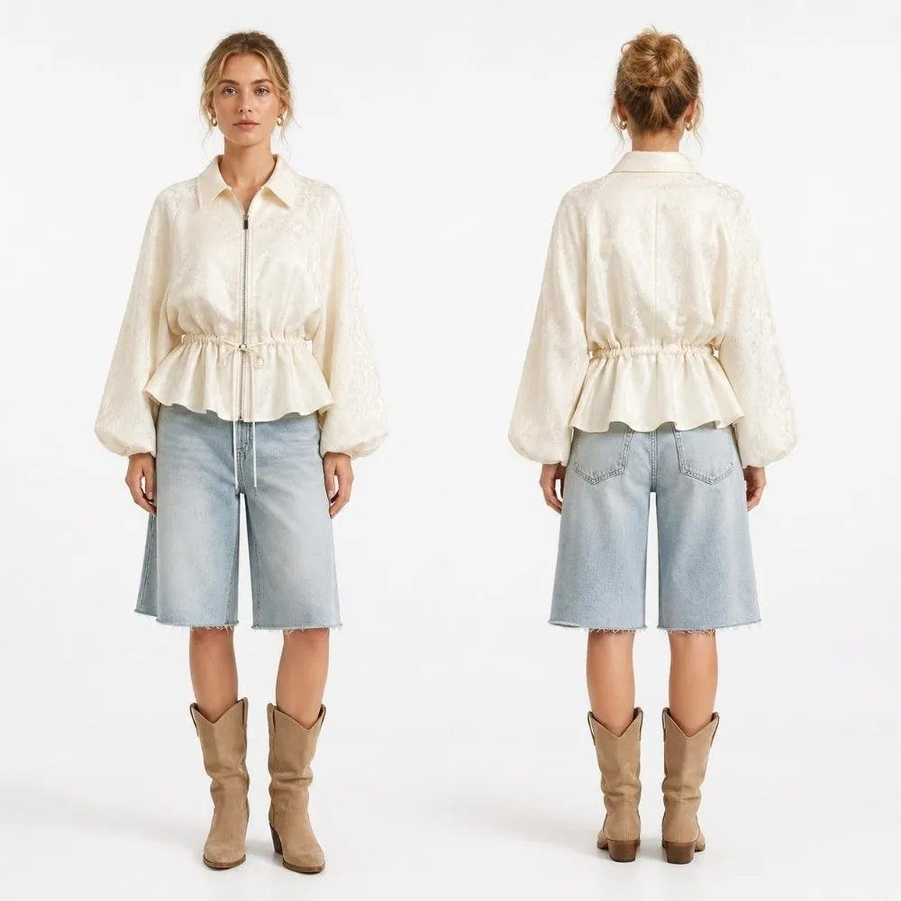 Solid Color Women Jacket Drawstring Waist Lantern Sleeves Cropped Coat Jacquard Texture Peplum Hem Waist-Cinching Jacket