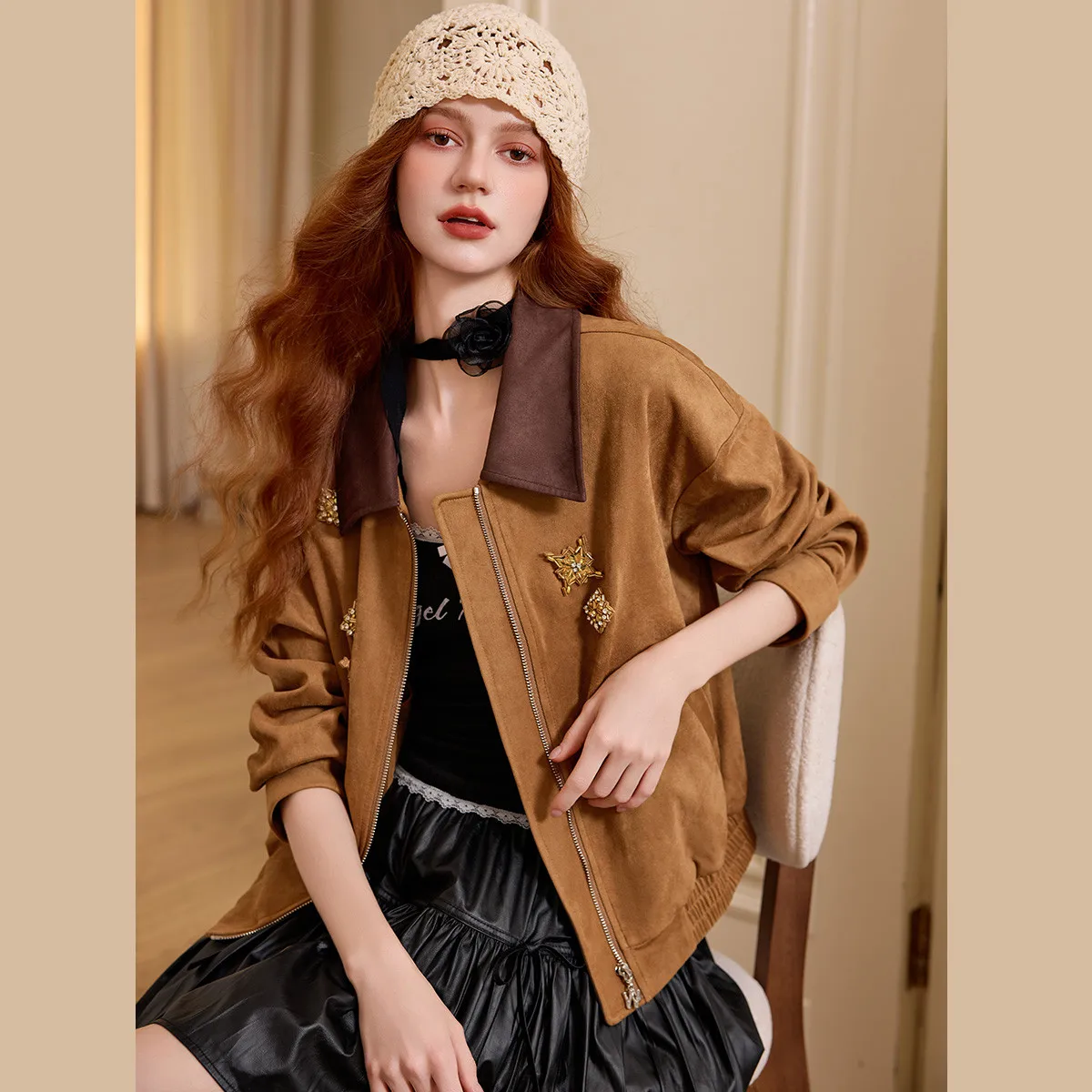 LOUIS YAO Retro Color-Block Women's Jacket 2025 Autumn/Winter Casual Tops Edgy Relaxed-Fit Loose Lapel Outerwear for Women