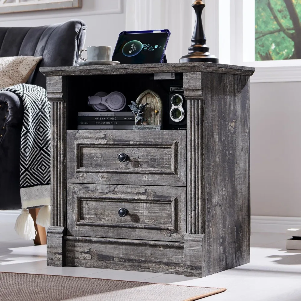 Farmhouse   Large Nightstand with Charging Station, Wood Rustic Side Table w/Roman Column, End Table for Bedroom