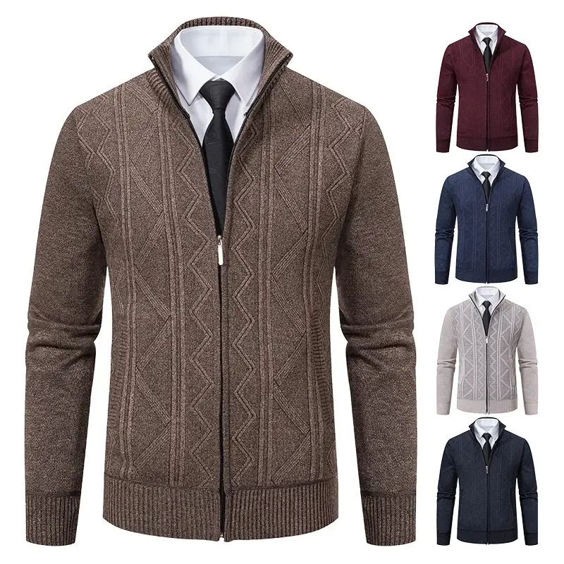 

Men's Knit Sweater Jaet Face Cardigan Cleanfit Stand Ciwalk Middle-aged Linen A-line Sve Silk-glossed 3D Effect