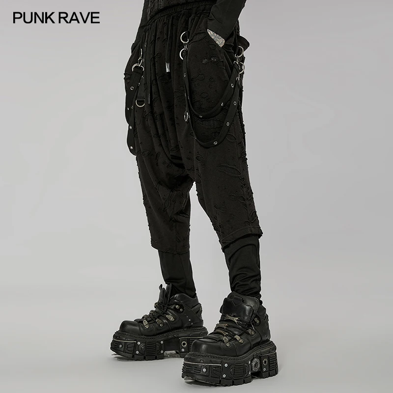 PUNK RAVE Men's Dark Elastic Waist Loose Holes Crotch Pants Punk Fashion Free Casual Black Trousers Spring & Autumn Streetwear