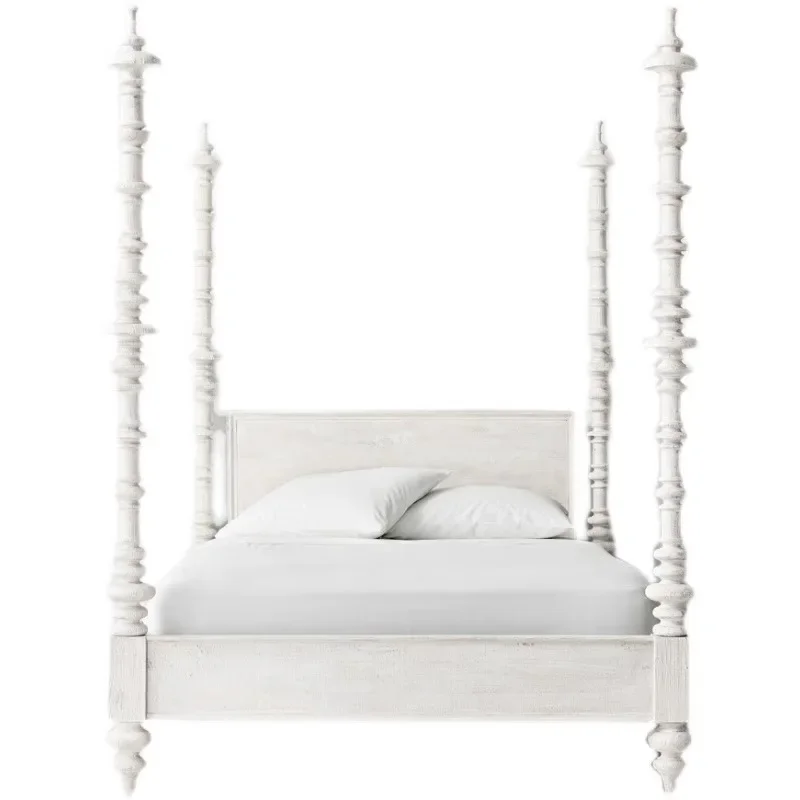 French white master bedroom solid wood bed double simple pillar bed series customization