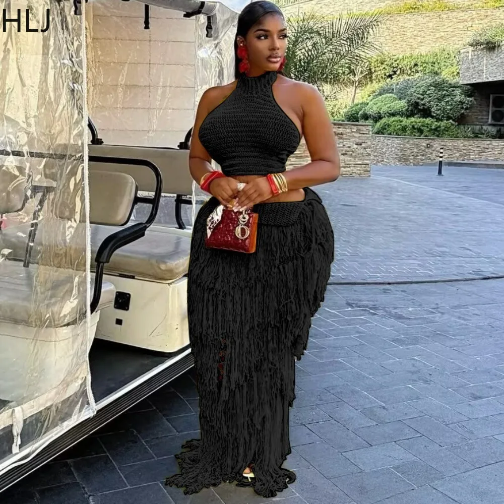 HLJ Casual Tassel Patchwork 2 Pieces Set for Woman Solid Color Halter Backless Crop Top + Skirt Female Beach Beachwear 2026 New