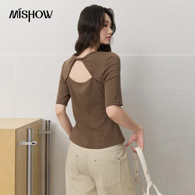 MISHOW Knitted Cotton T‑Shirt 2026 Autumn Twist Cutout Back Design Mid‑Sleeve Tee Slim Versatile Casual Ladies Tops MXF44T3223