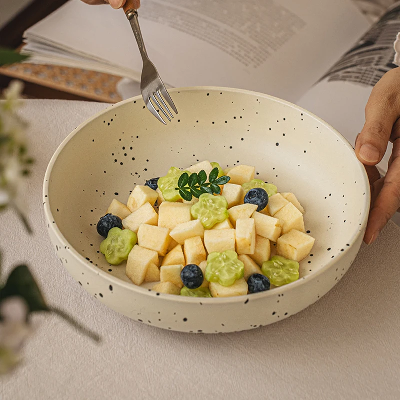 Simple 8 Inch Vegetable Bowl Ceramic Tableware Household Large Capacity Splash Ink Fruit Salad Bowls Matte Deep Plates