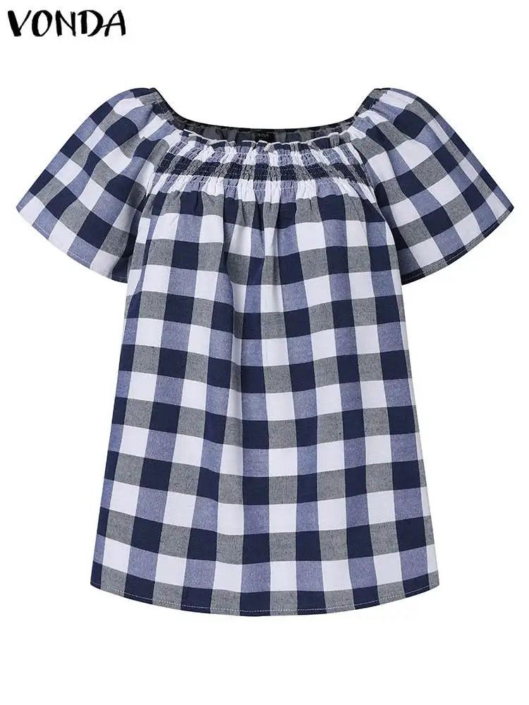 Plaid Blouse VONDA 2024 Summer Women Short Sleeve Loose Bohemian Printed Square Collar Tops Casual Shirts Vintage Blusas Femme