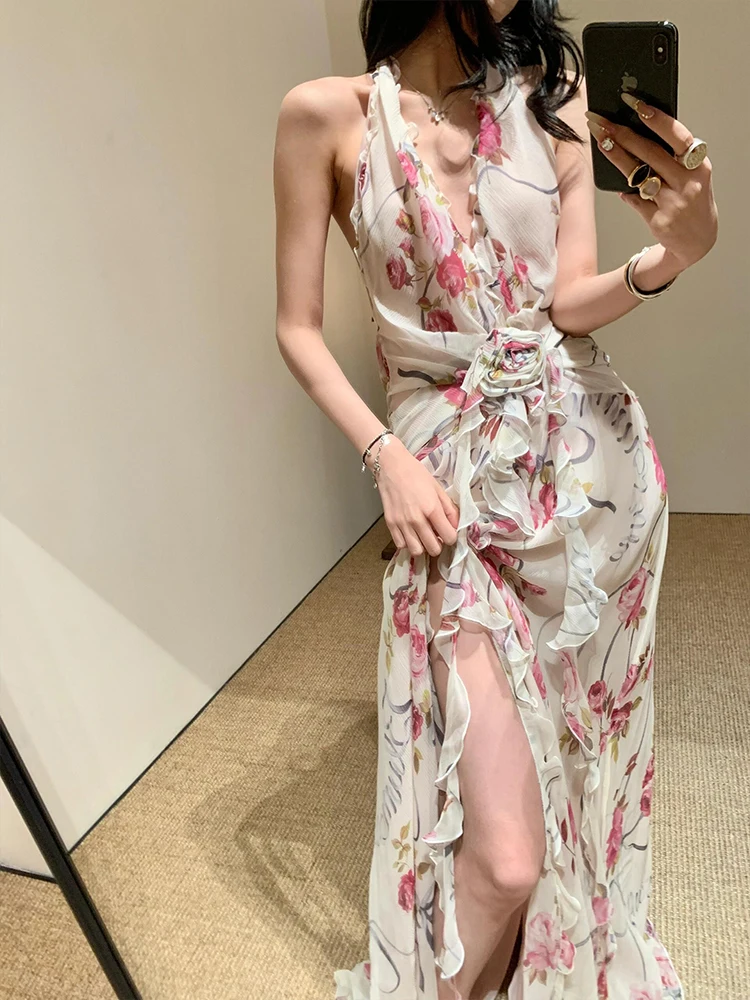 

Clothland Women Sexy Floral Asymmetrical Dress Backless Halter V Neck High Split Ruffles Holiday Beach Wear Long Dresses QE154