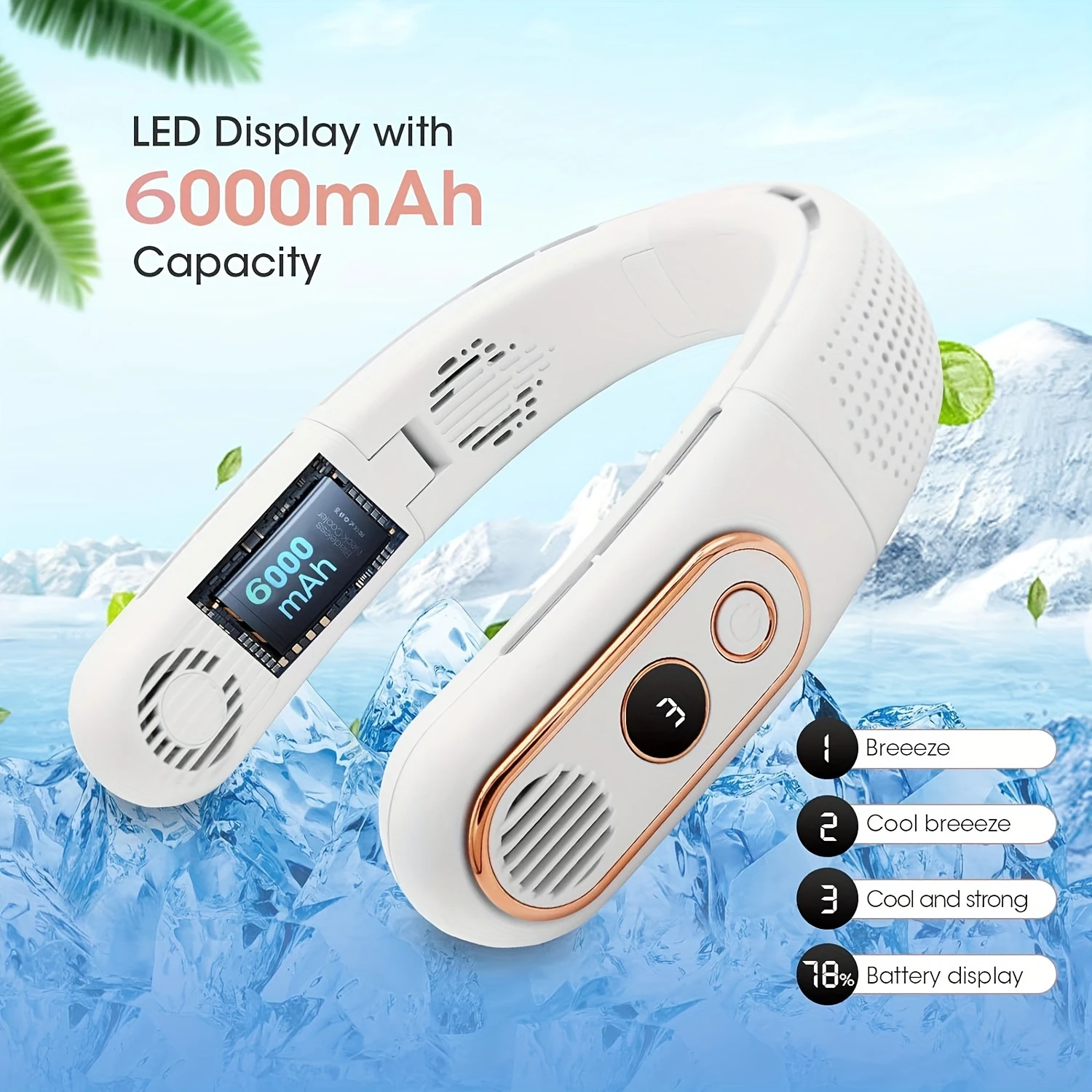 مروحة الرقبة، 4 مروحة محمولة قابلة للطي، مروحة رقبة خالية من الشفرة بقدرة 6000 مللي أمبير في الساعة قابلة لإعادة الشحن، شاشة LED، 3 سرعات قابلة للتعديل، ° التبريد أ