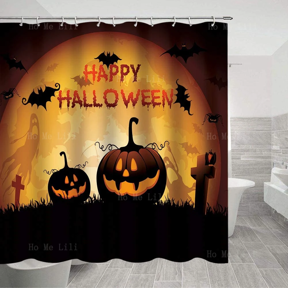 Haunted Mansion Spooky Halloween Decorative Horror Pumpkin Light Cartoon Shower Curtain Bathroom Decor Fabric Polyester