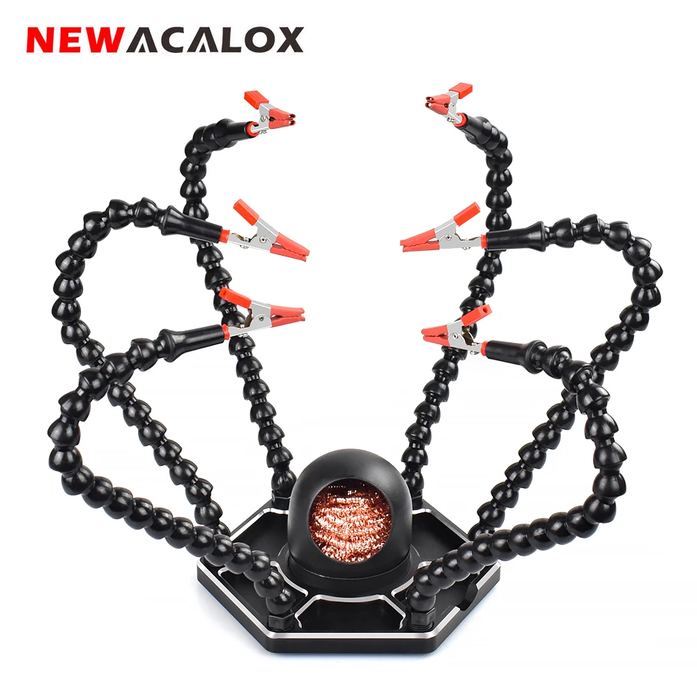 NEWACALOX  Large Size Hexagon Base Soldering Helping Hands 6PCS Flexible Arms PCB Holder Welding Stand Repairing Tool Clean Ball