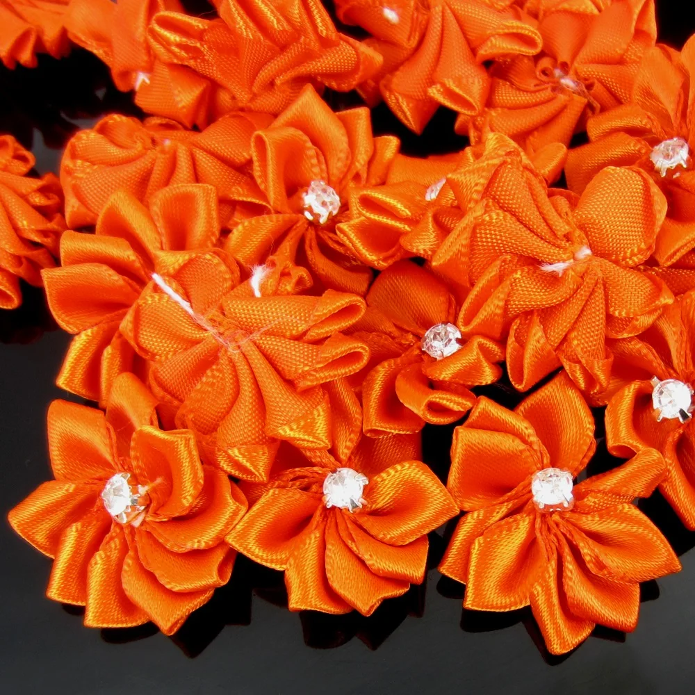 40Pcs Dark Blue Handmade Small Fabric Satin Flowers with Rhinestone Appliques Sewing Wedding Garment Accessories Flowers 2.8cm