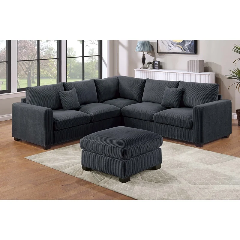 

L-Shaped 4-Piece Sectional Sofa with Ottoman, Square Arms, Corduroy Fabric, Black Finish, Modern Living Room Furniture