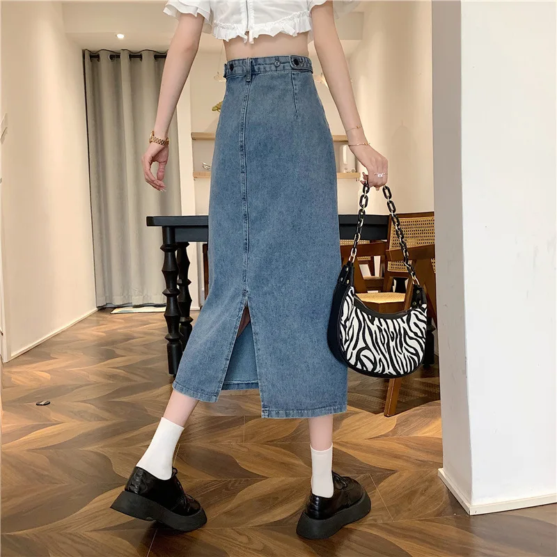 Spring and Summer Long Section Denim Skirt for Women Korean Fashion Casual Large Size High Waist A-line Package Hip Skirt