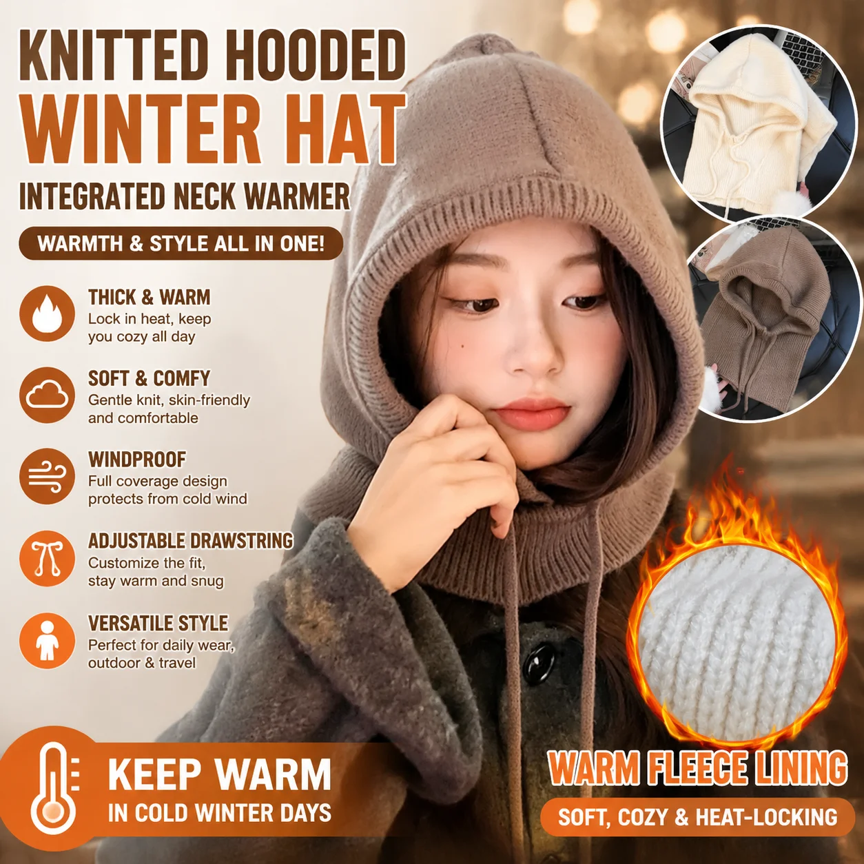 Women's Knitted Hooded Winter Hat Thermal Outdoor Drawstring-Adjustable Integrated Neck Warmer Brimless Beanie Design