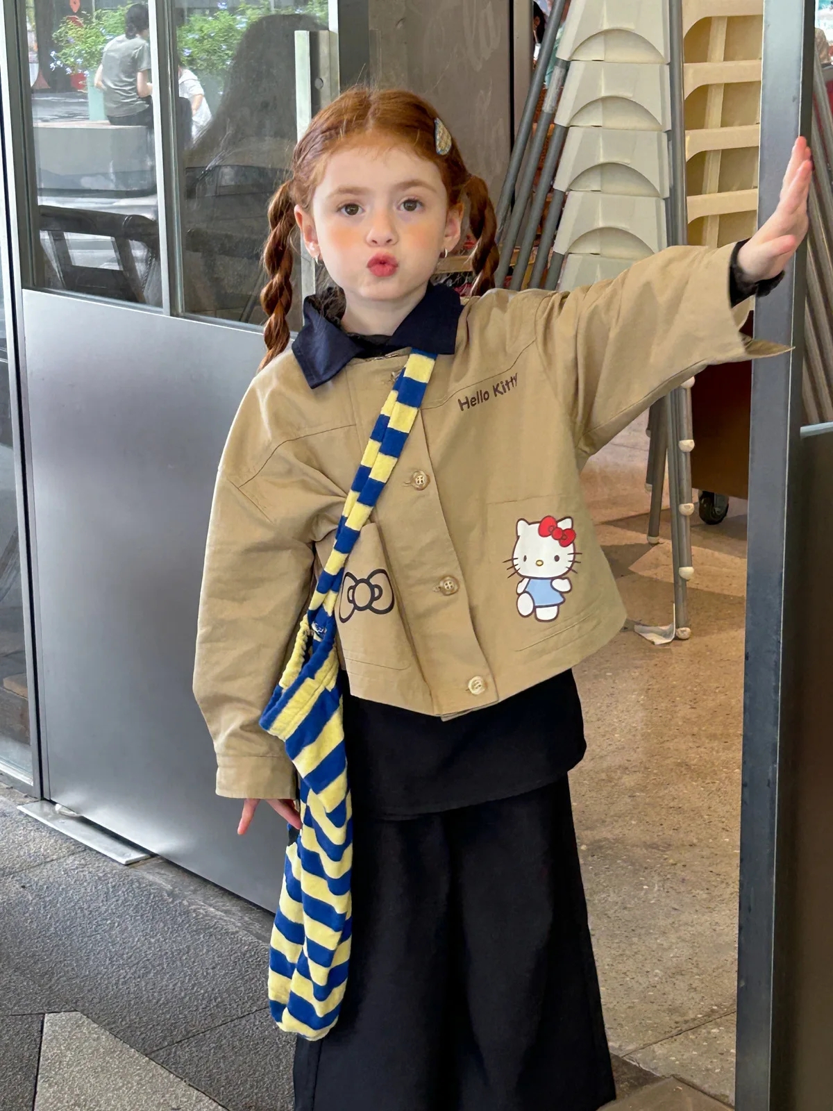 

Ветровка «Hello Kitty» для девочек, весенне-осенний плащ цвета хаки с мультяшным рисунком, корейские модные детские куртки в стиле ретро