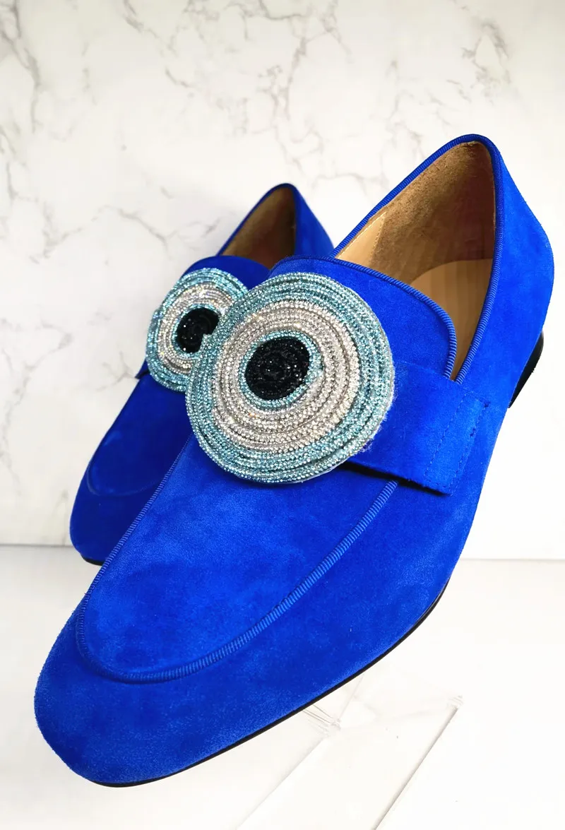

SHOOEGLE Suede Handmade Crystal Detachable Decoration Men's Loafers Office Business Dress Wedding Shoes Men Casual Single Shoes