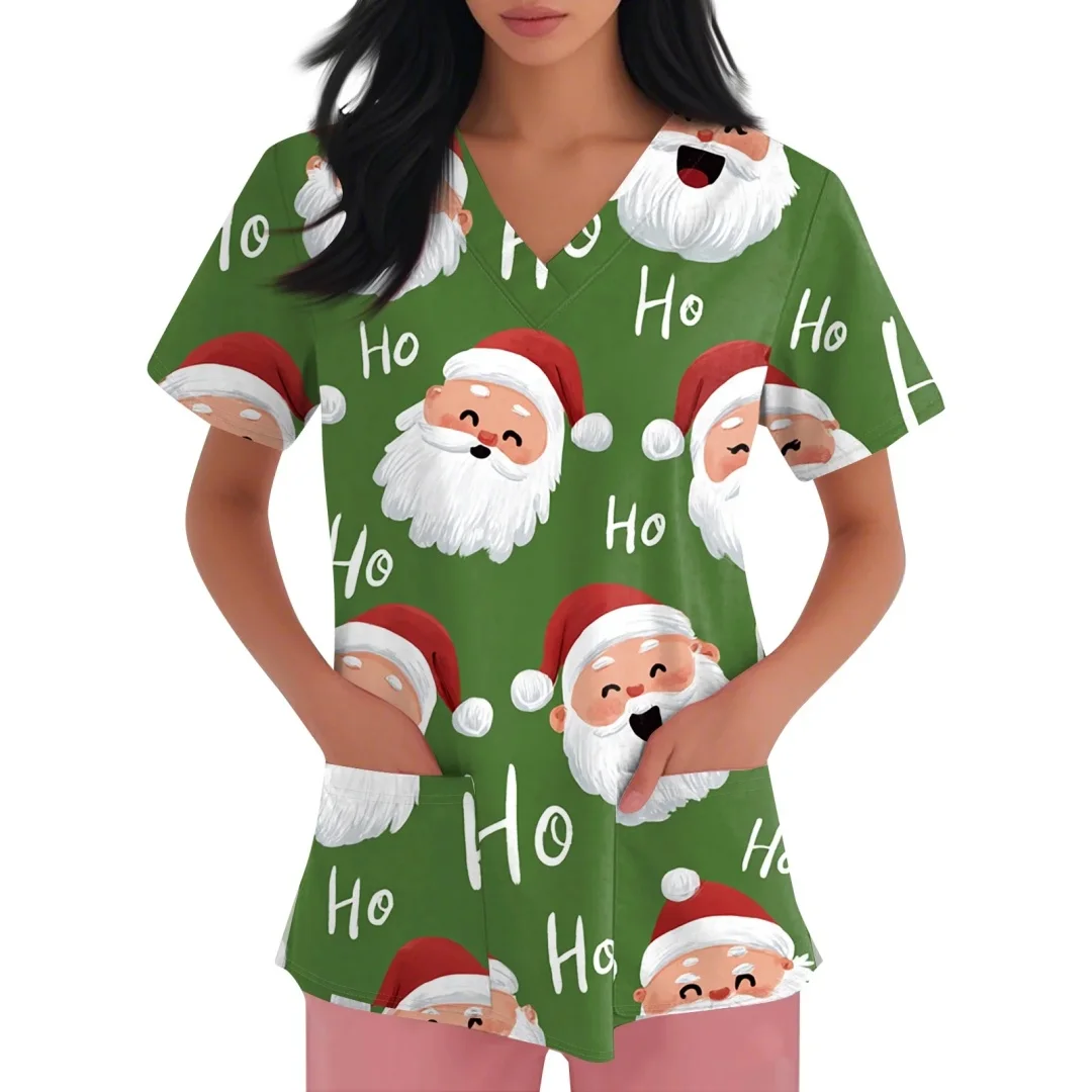 Uniformes bonitos femininos médicos natal boneco de neve padrão dental enfermagem topos com decote em v manga curta bolso santa impressão uniformes enfermeira