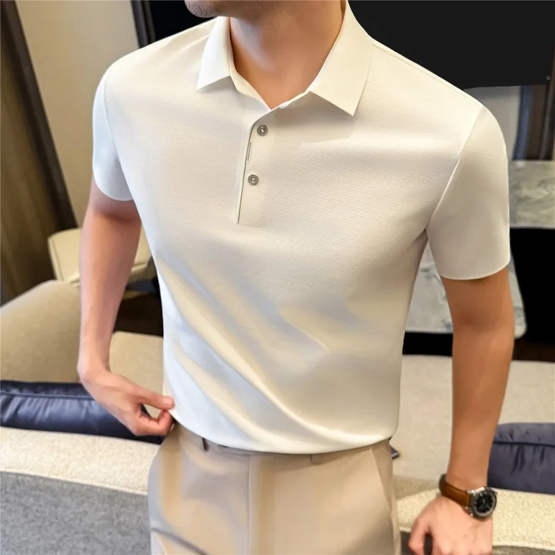 

Мужская футболка-поло с коротким рукавом, летняя, из ледяного шелка, легкая, тонкая, эластичная, приталенная, однотонная, повседневная, для спорта и бега, мужская одежда