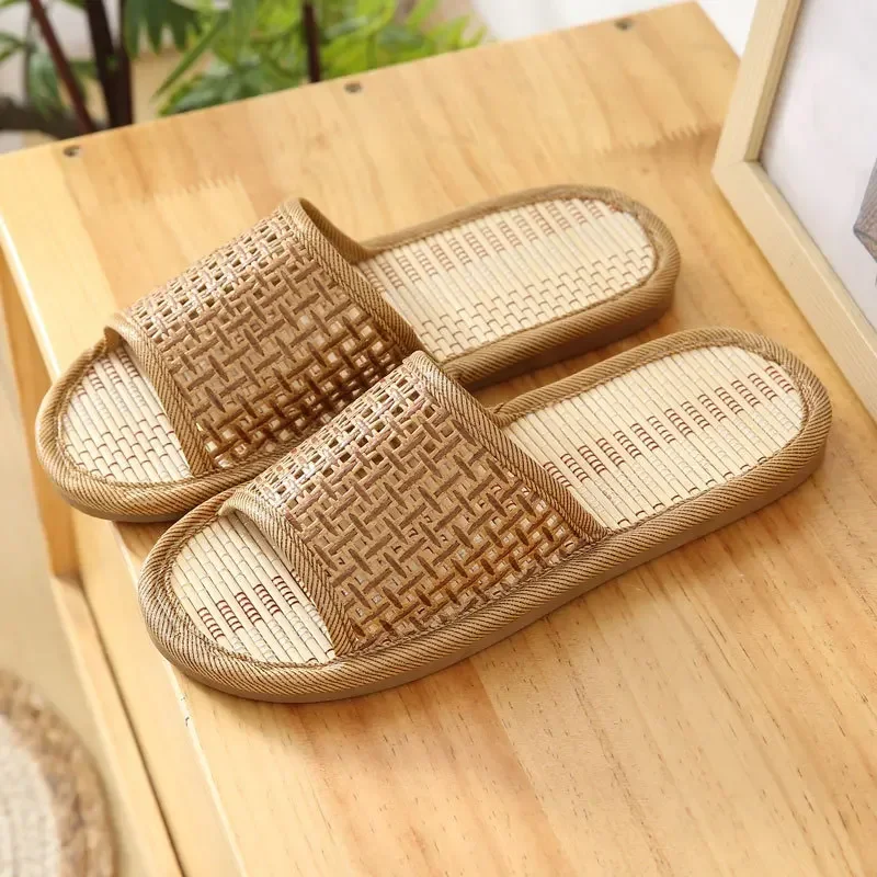 Man Woman Bamboo Weaving Home Linen Slippers Summer Cooling Floor Indoor Slides Unisex Bedroom Casual Shoes Mujer Zapatillas