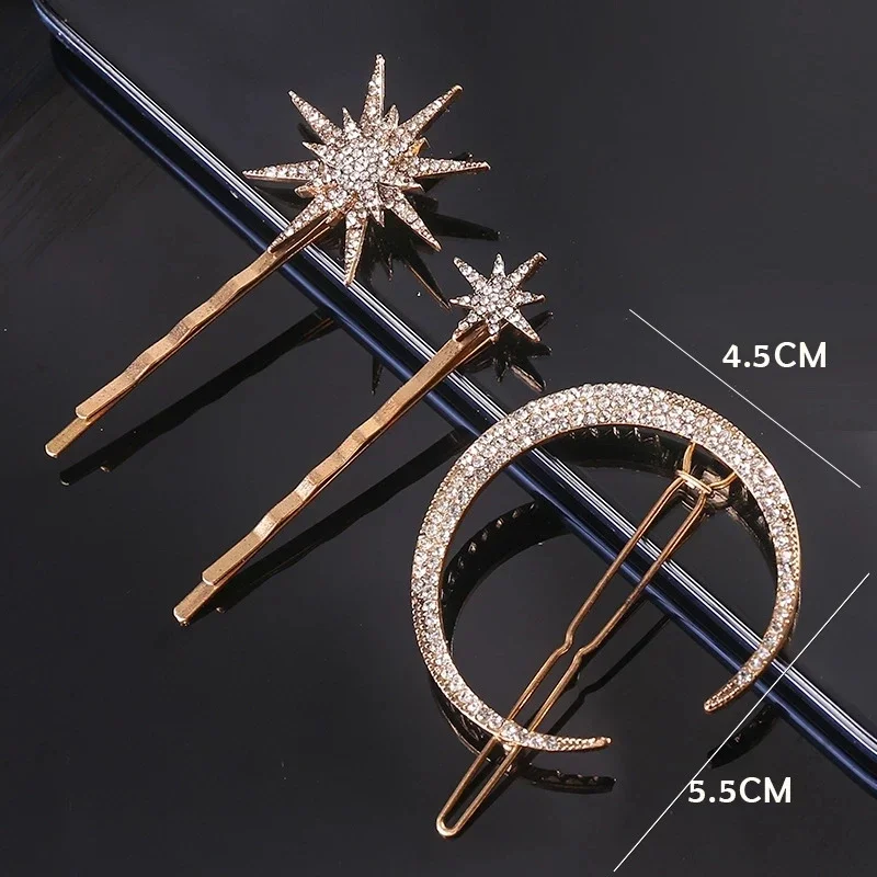 

New Geometric Stars Moon Rhinestone Hair Clip Set Snowflake Star bride Hairpins Women Side Clip Hair Barrettes Hair Accessories