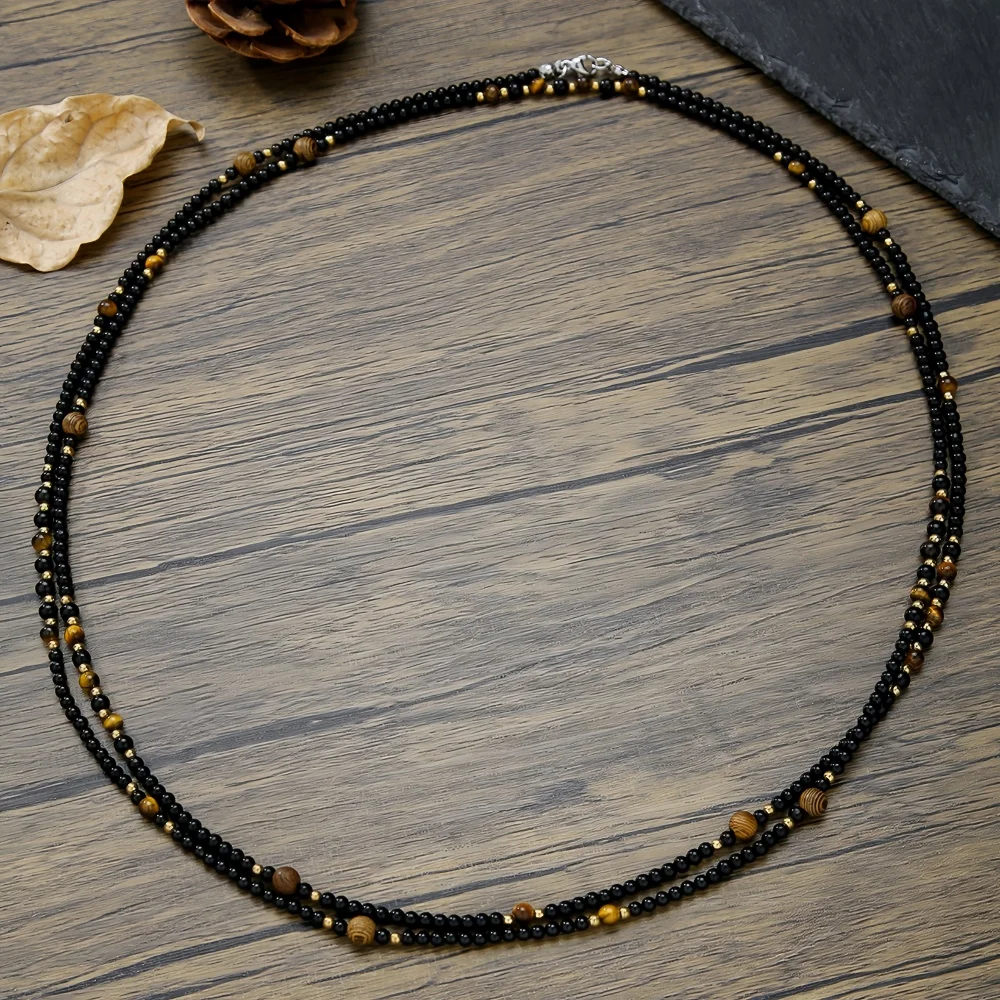 Schwarze Naturstein-Tigerauge-Perlen Lange Pulloverkette Halskette Retro Herrenhalskette Modeschmuck Trendige Accessoires – Detail 6
