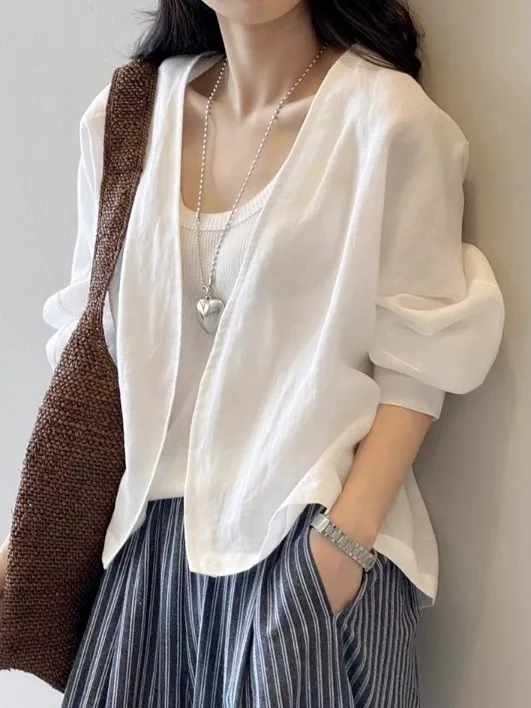 Ele Flax เปิดเสื้อสเวตเตอร์ถักผู้หญิงยาว Sve ป้องกันแสงแดด irt ฤดูร้อนมาใหม่น้ําหนักเบาหลวม Fit V-ne Top