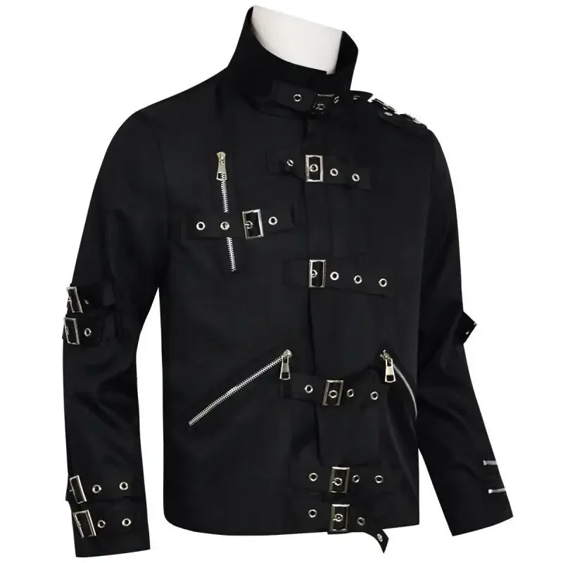 Premium Stretch Cotton Michael Jackson BAD Punk Jacket Men Black Slim Zipper Strap Design Outerwear Singer Tribute Performance - view 3